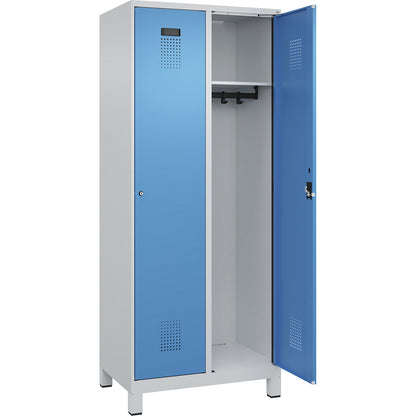 Evolo PLUS locker, 2 compartments, light grey / light blue, W 800 mm, with wide feet, cylinder lock.