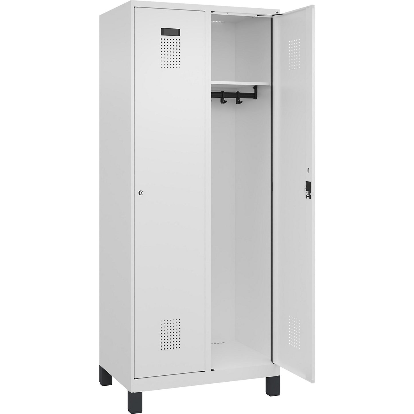Evolo PLUS locker, 2 compartments, traffic white, W 800 mm, with wide feet, cylinder lock.