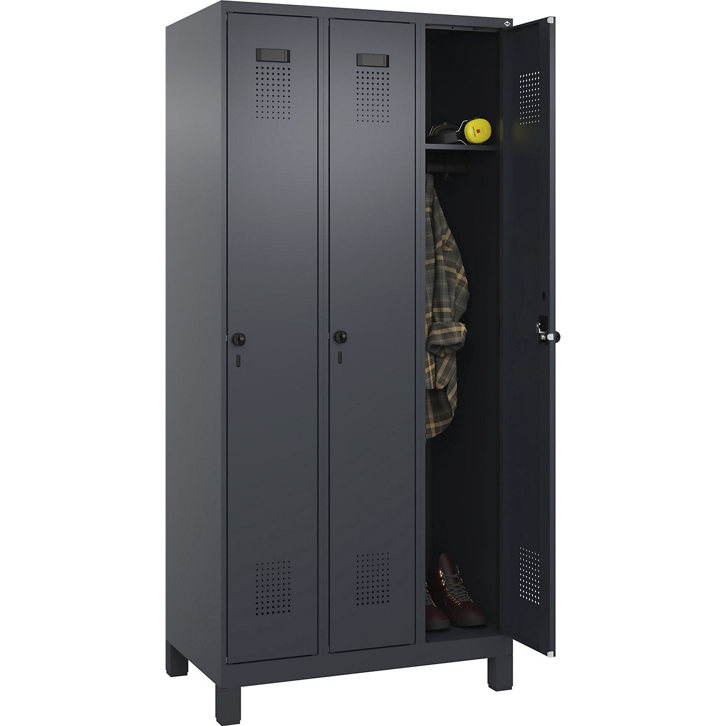 Evolo PLUS locker, 3 compartments, grey, W 900 mm, with wide feet, rotary bolt.