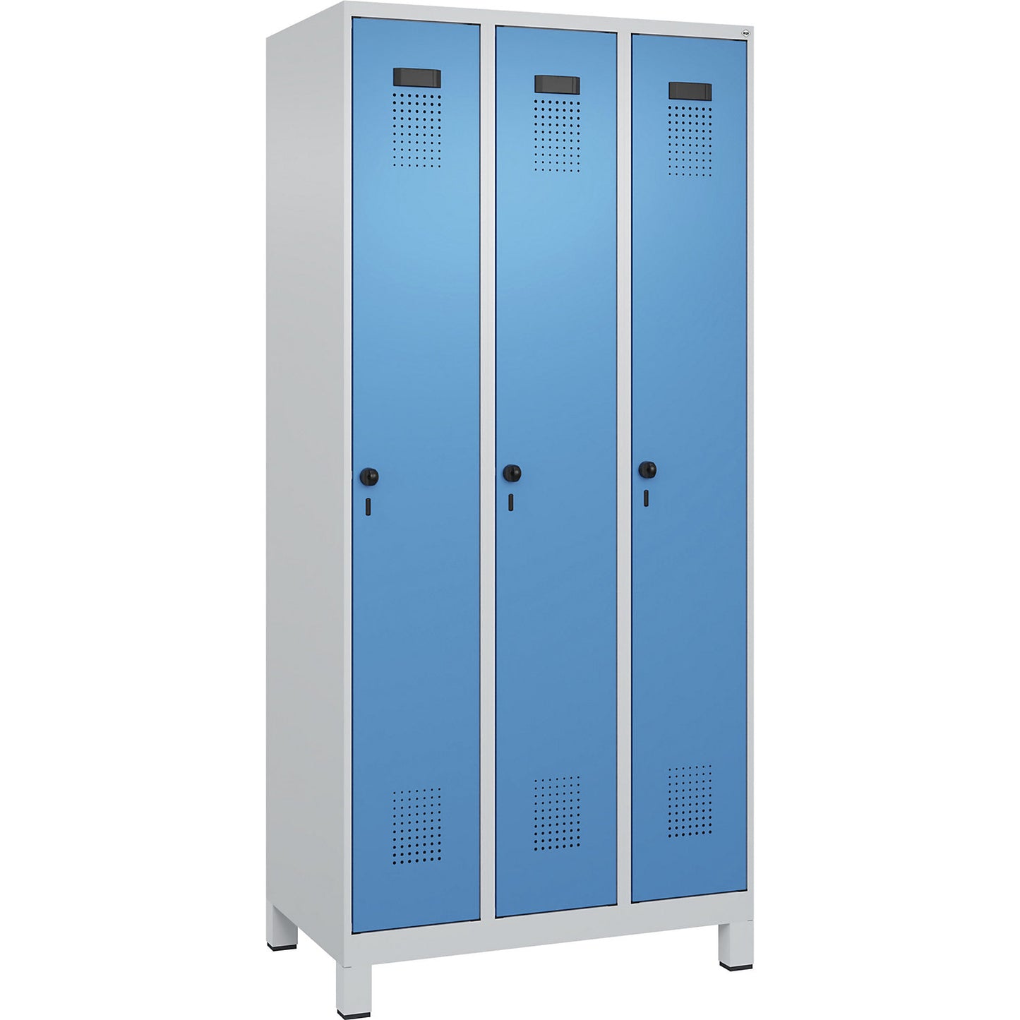 Evolo PLUS locker, 3 compartments, light grey / light blue, W 900 mm, with wide feet, rotary bolt.