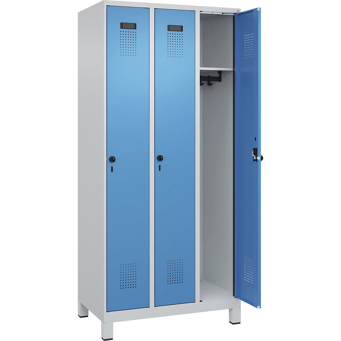 Evolo PLUS locker, 3 compartments, light grey / light blue, W 900 mm, with wide feet, rotary bolt.
