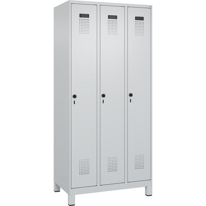 Evolo PLUS locker, 3 compartments, light grey, W 900 mm, with wide feet, rotary bolt.
