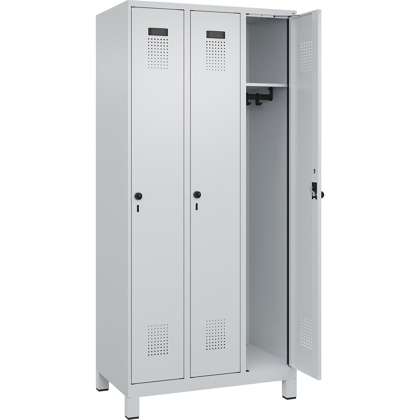 Evolo PLUS locker, 3 compartments, light grey, W 900 mm, with wide feet, rotary bolt.