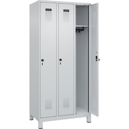 Evolo PLUS locker, 3 compartments, light grey, W 900 mm, with wide feet, rotary bolt.