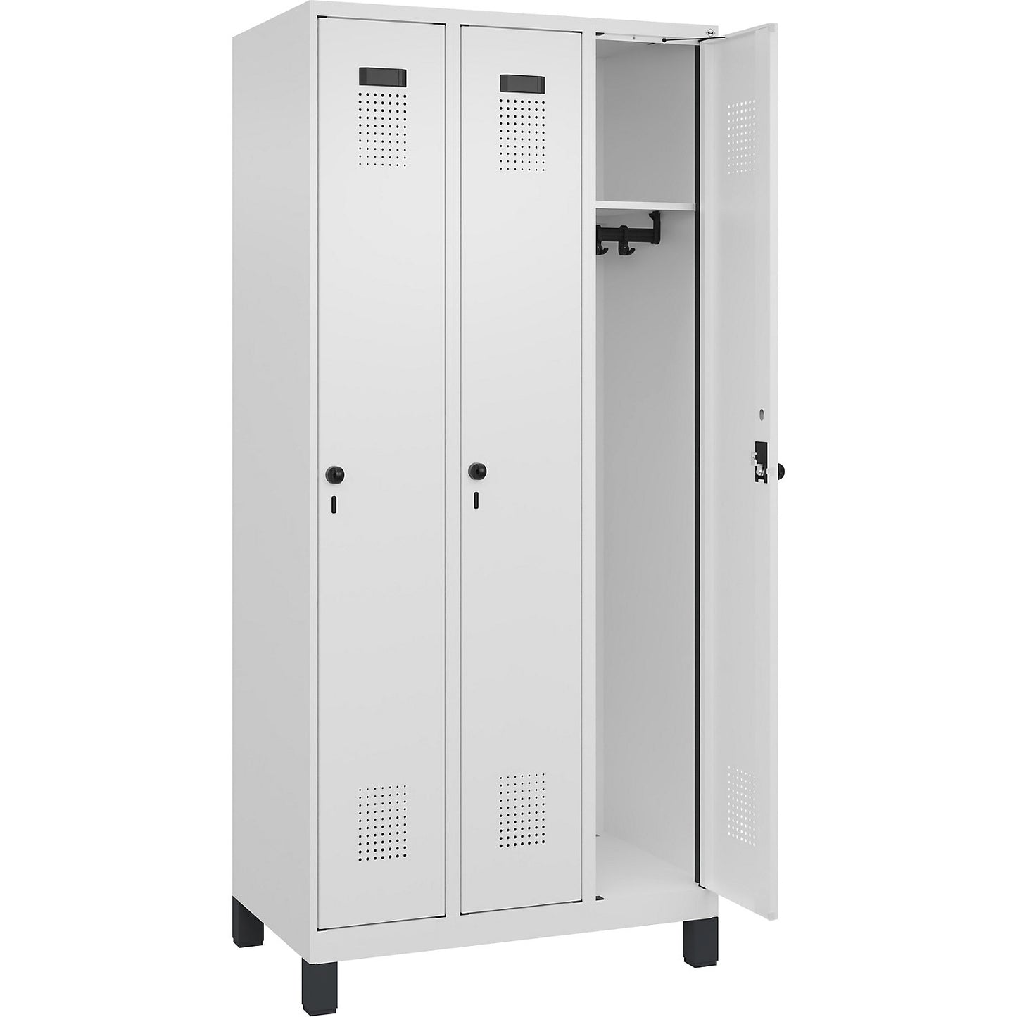 Evolo PLUS locker, 3 compartments, traffic white, W 900 mm, with wide feet, rotary bolt.