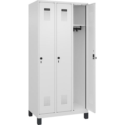 Evolo PLUS locker, 3 compartments, traffic white, W 900 mm, with wide feet, rotary bolt.