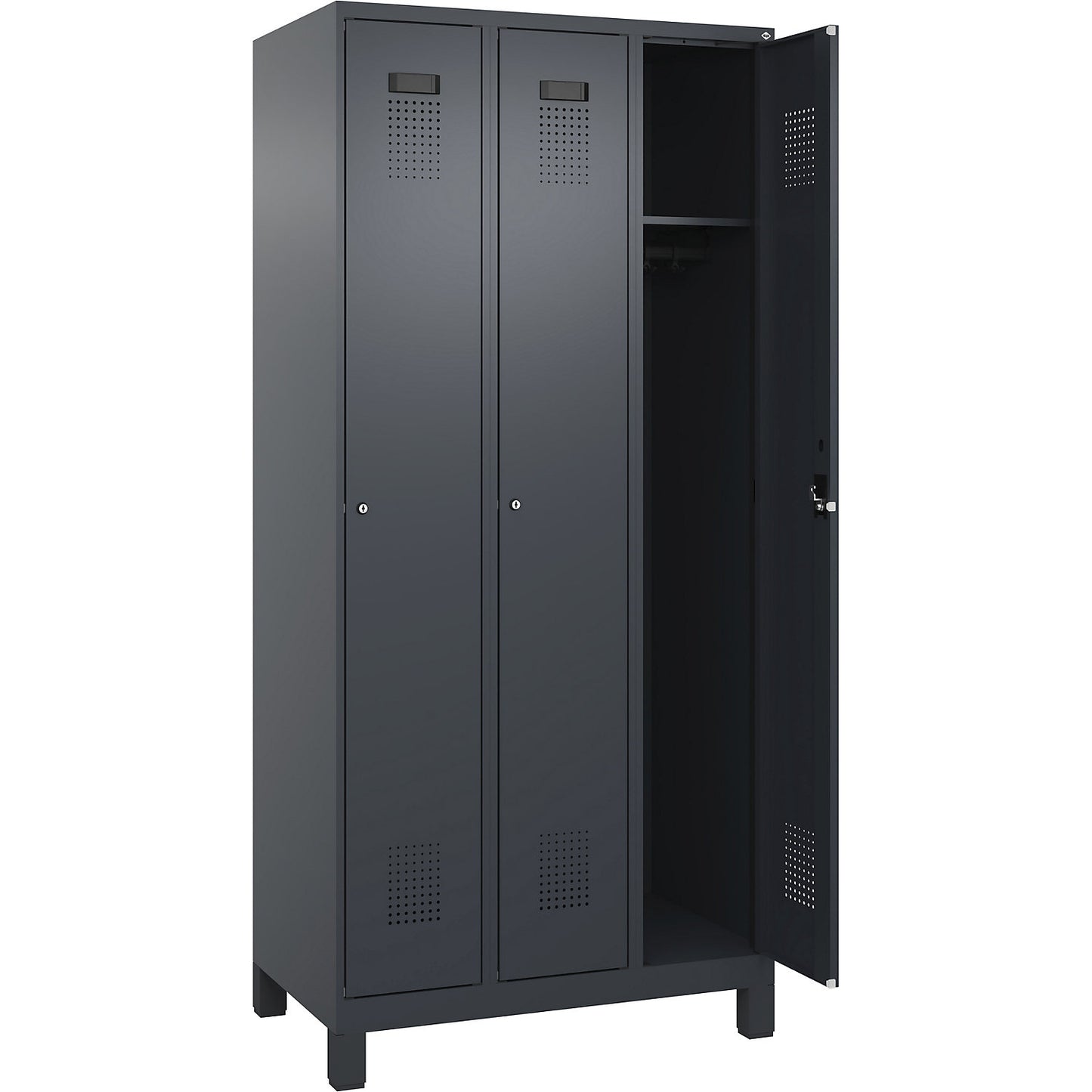 Evolo PLUS locker, 3 compartments, grey, W 900 mm, with wide feet, cylinder lock.