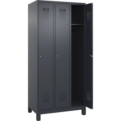 Evolo PLUS locker, 3 compartments, grey, W 900 mm, with wide feet, cylinder lock.