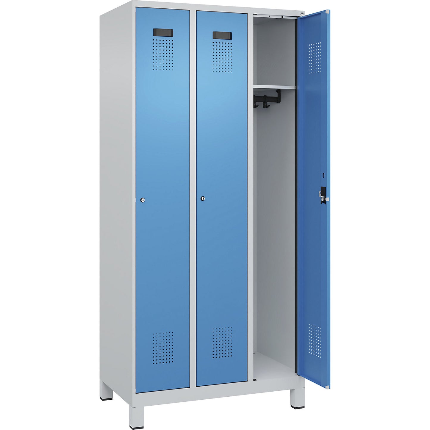 Evolo PLUS locker, 3 compartments, light grey / light blue, W 900 mm, with wide feet, cylinder lock.
