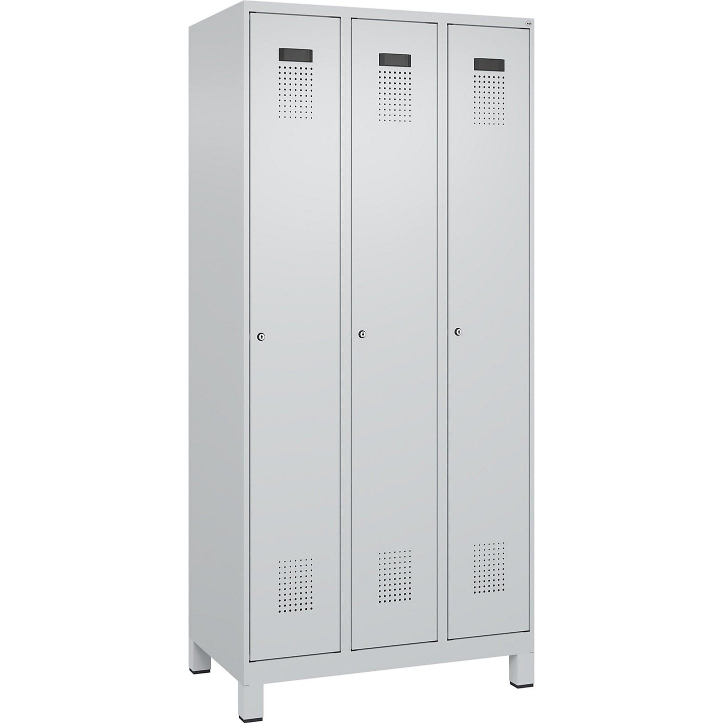 Evolo PLUS locker, 3 compartments, light grey, W 900 mm, with wide feet, cylinder lock.