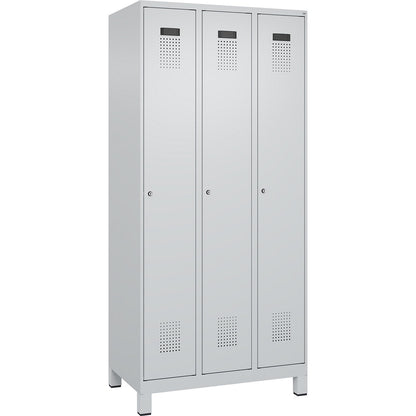 Evolo PLUS locker, 3 compartments, light grey, W 900 mm, with wide feet, cylinder lock.