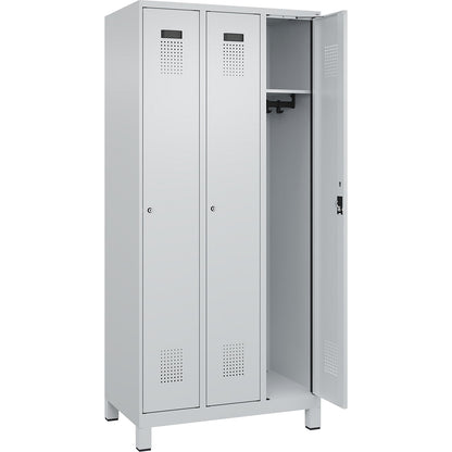 Evolo PLUS locker, 3 compartments, light grey, W 900 mm, with wide feet, cylinder lock.