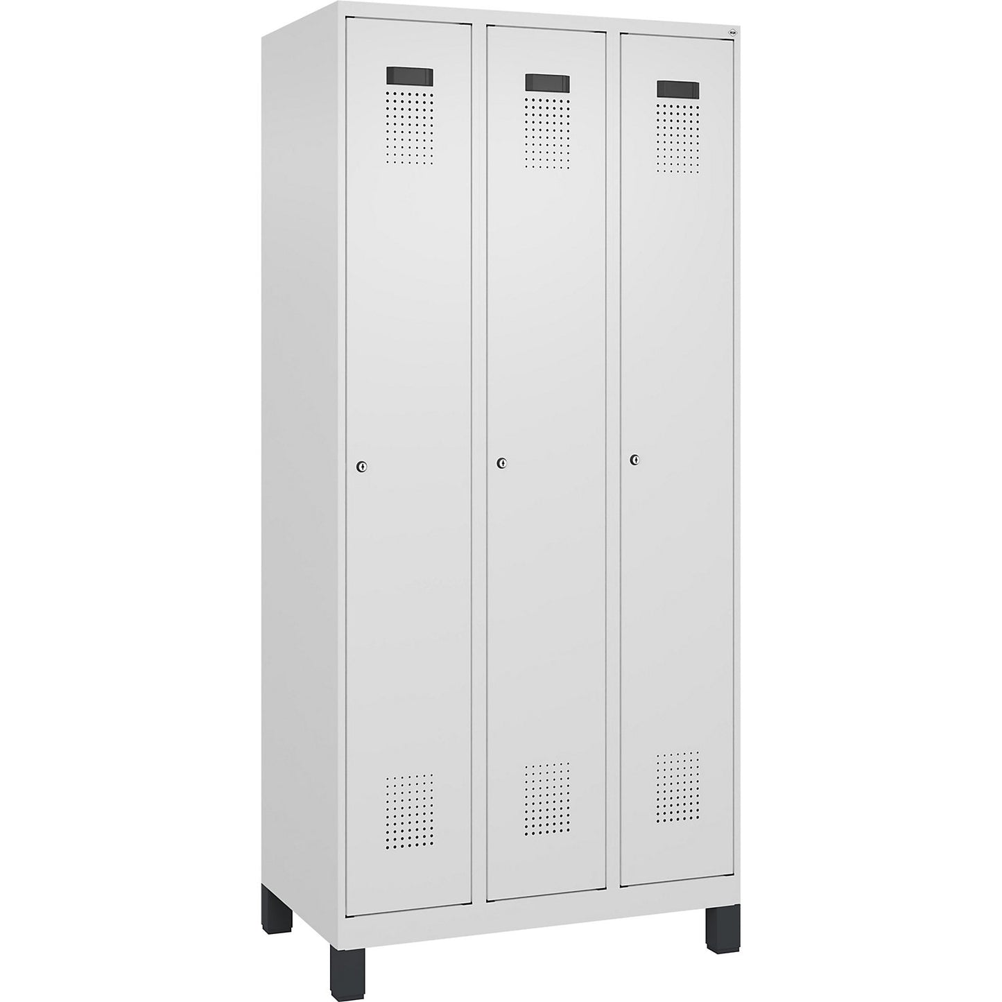 Evolo PLUS locker, 3 compartments, traffic white, W 900 mm, with wide feet, cylinder lock.