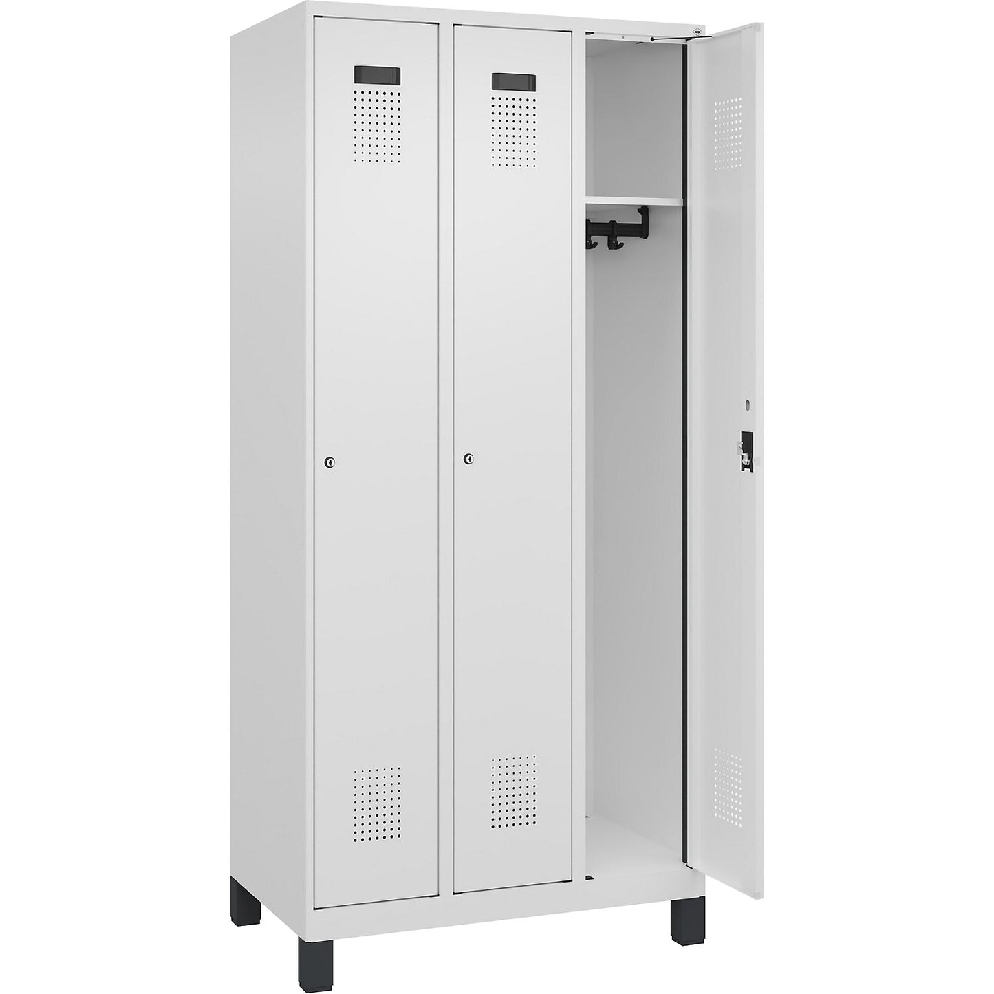 Evolo PLUS locker, 3 compartments, traffic white, W 900 mm, with wide feet, cylinder lock.