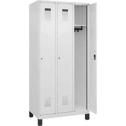 Evolo PLUS locker, 3 compartments, traffic white, W 900 mm, with wide feet, cylinder lock.