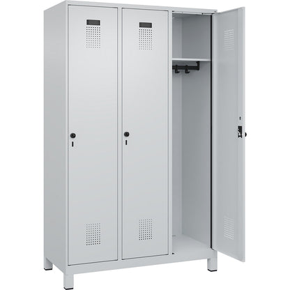 Evolo PLUS locker, 3 compartments, light grey, W 1200 mm, with wide feet, rotary bolt.