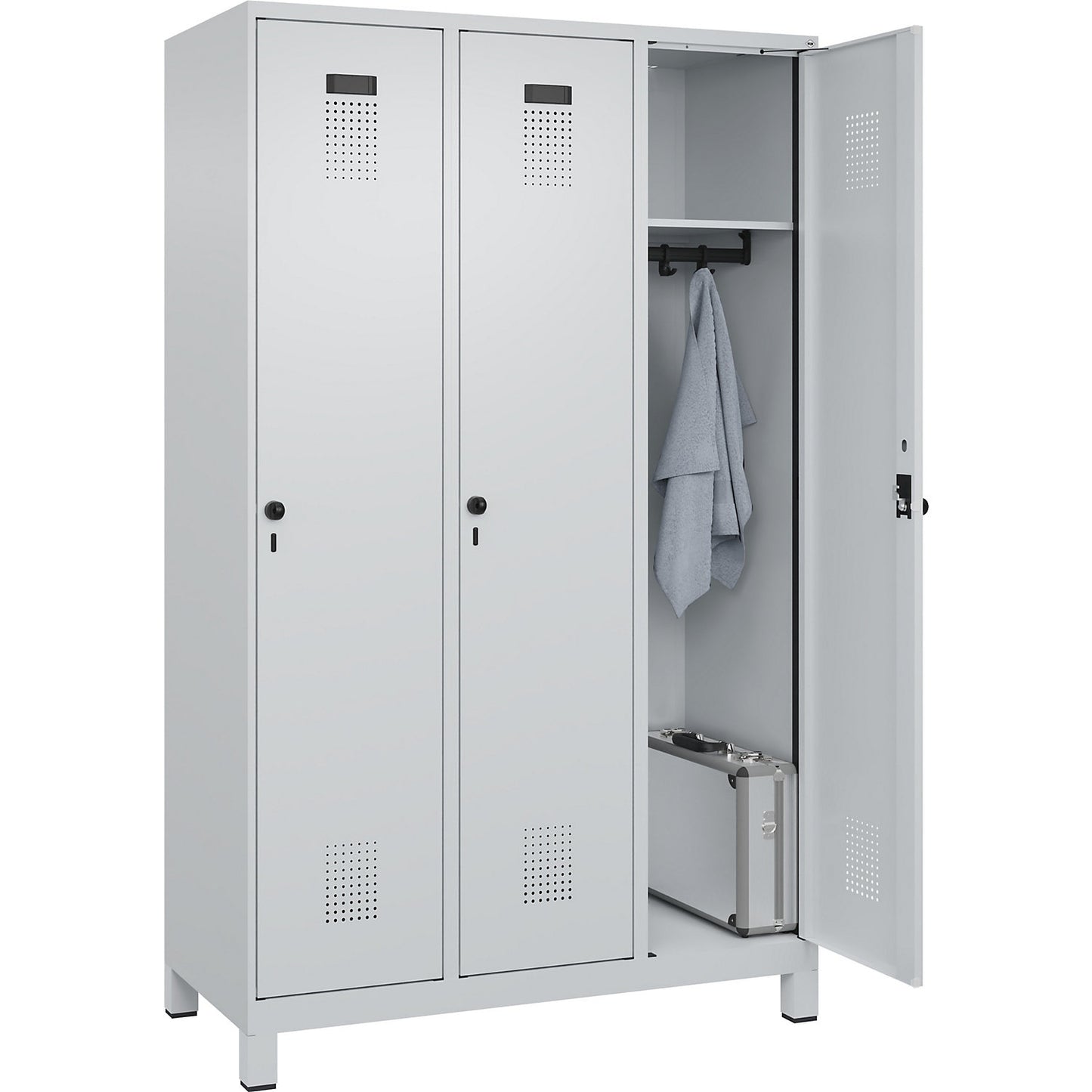 Evolo PLUS locker, 3 compartments, light grey, W 1200 mm, with wide feet, rotary bolt.