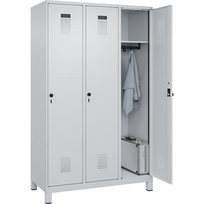 Evolo PLUS locker, 3 compartments, light grey, W 1200 mm, with wide feet, rotary bolt.