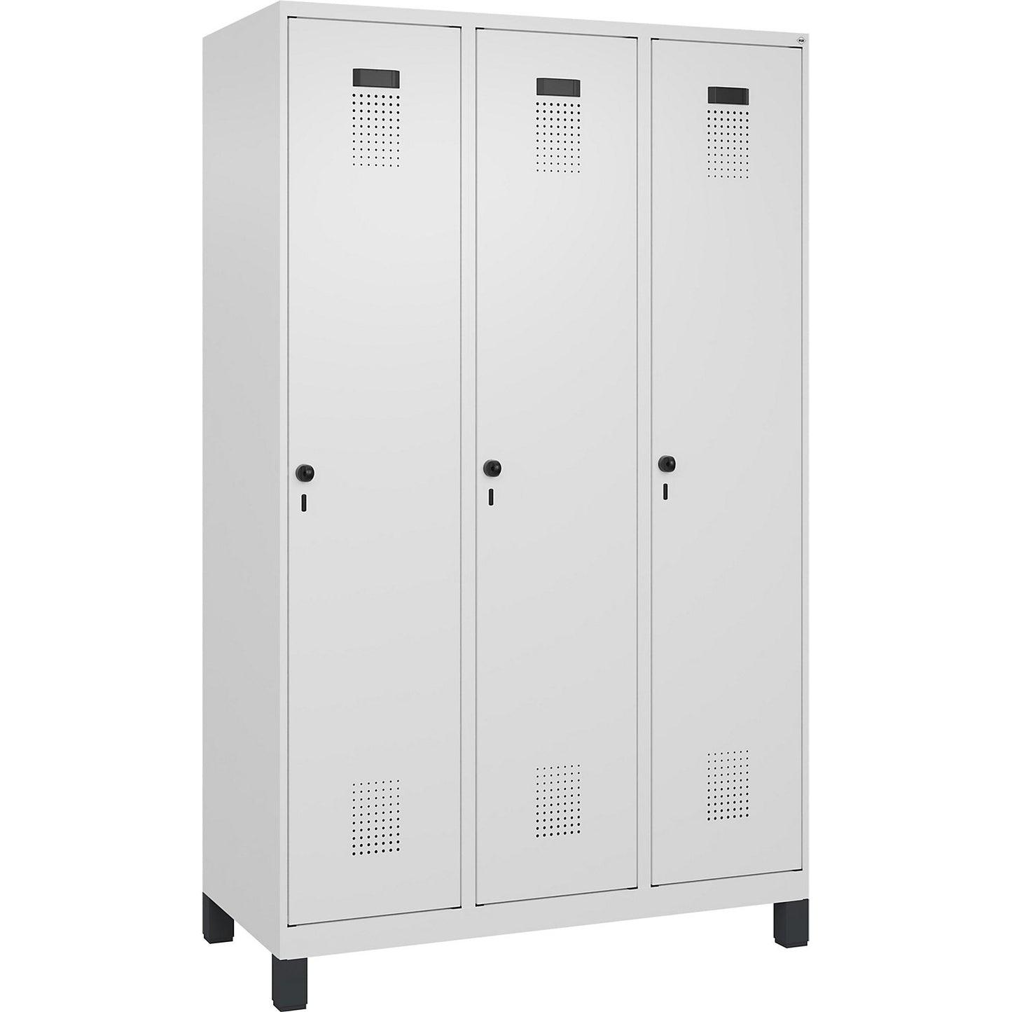 Evolo PLUS locker, 3 compartments, traffic white, W 1200 mm, with wide feet, rotary bolt.