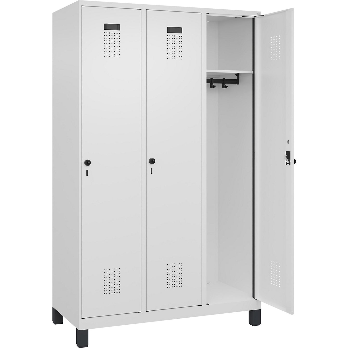 Evolo PLUS locker, 3 compartments, traffic white, W 1200 mm, with wide feet, rotary bolt.