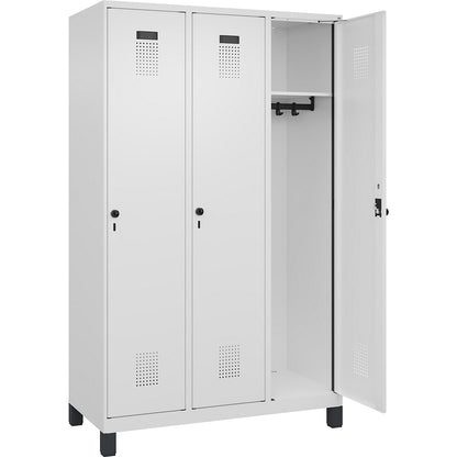 Evolo PLUS locker, 3 compartments, traffic white, W 1200 mm, with wide feet, rotary bolt.
