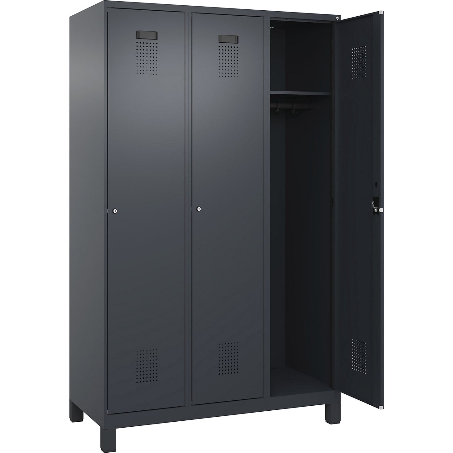 Evolo PLUS locker, 3 compartments, grey, W 1200 mm, with wide feet, cylinder lock.