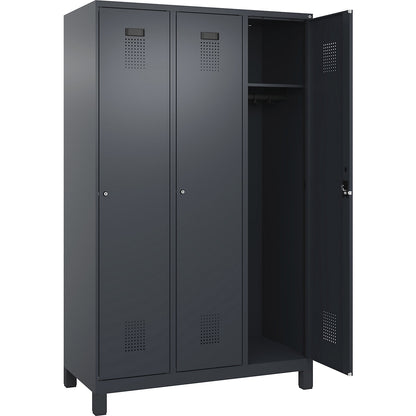 Evolo PLUS locker, 3 compartments, grey, W 1200 mm, with wide feet, cylinder lock.
