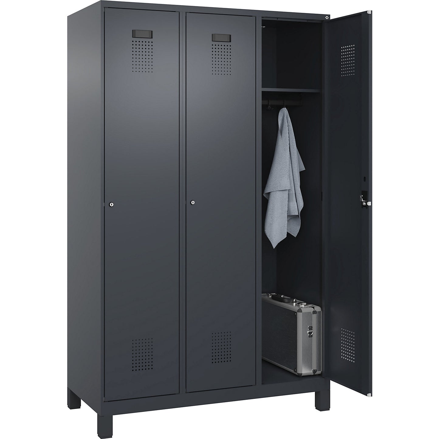 Evolo PLUS locker, 3 compartments, grey, W 1200 mm, with wide feet, cylinder lock.