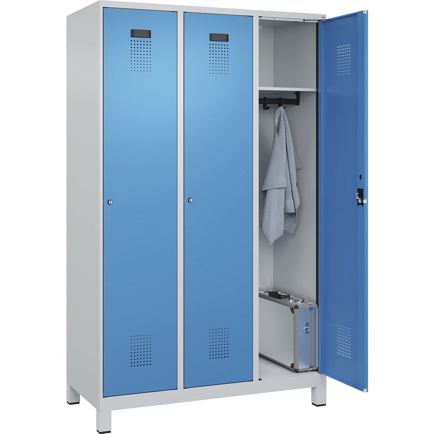 Evolo PLUS locker, 3 compartments, light grey / light blue, W 1200 mm, with wide feet, cylinder lock.