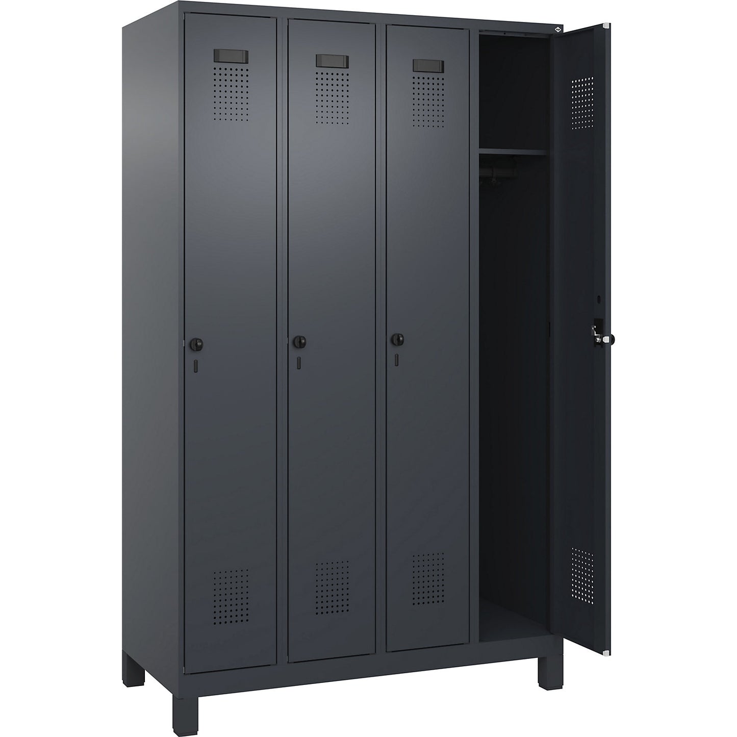 Evolo PLUS locker, 4 compartments, grey, W 1200 mm, with wide feet, rotary bolt.