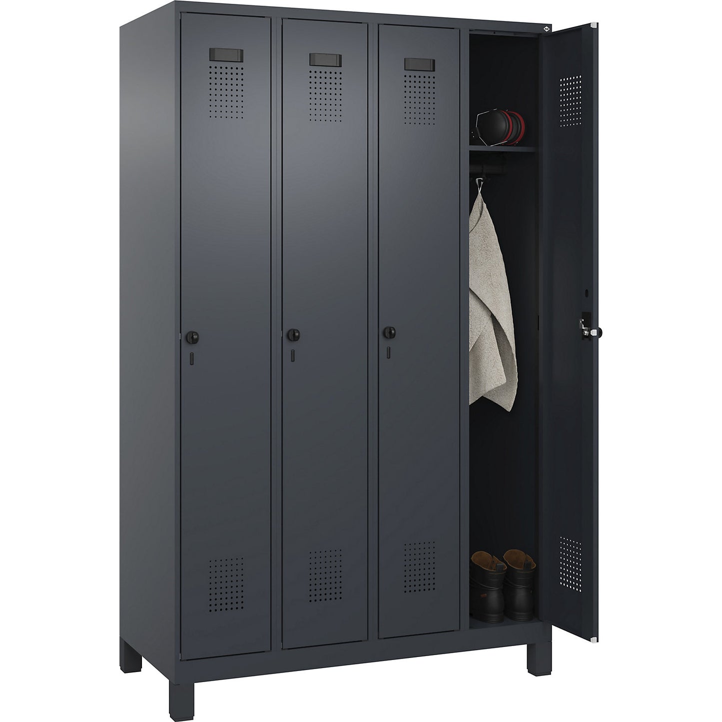 Evolo PLUS locker, 4 compartments, grey, W 1200 mm, with wide feet, rotary bolt.