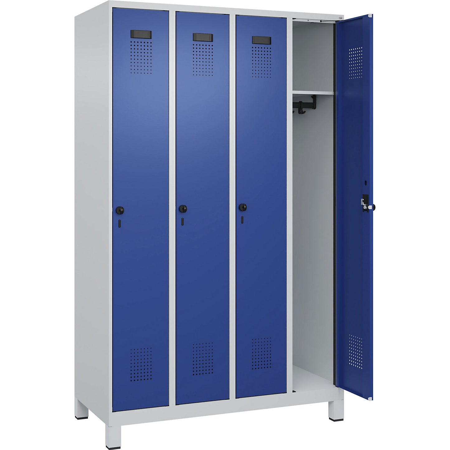 Evolo PLUS locker, 4 compartments, light grey / gentian blue, W 1200 mm, with wide feet, rotary bolt.