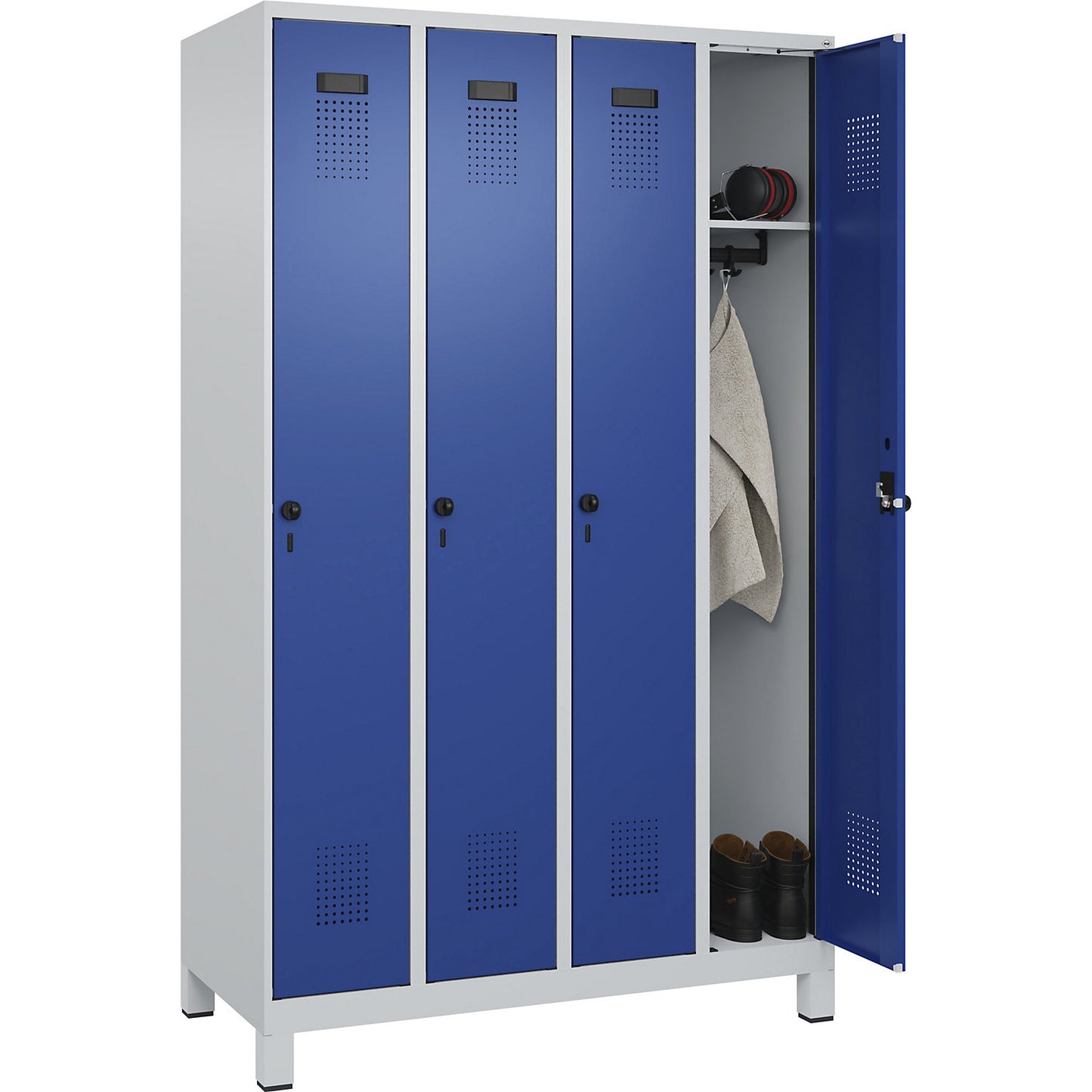 Evolo PLUS locker, 4 compartments, light grey / gentian blue, W 1200 mm, with wide feet, rotary bolt.