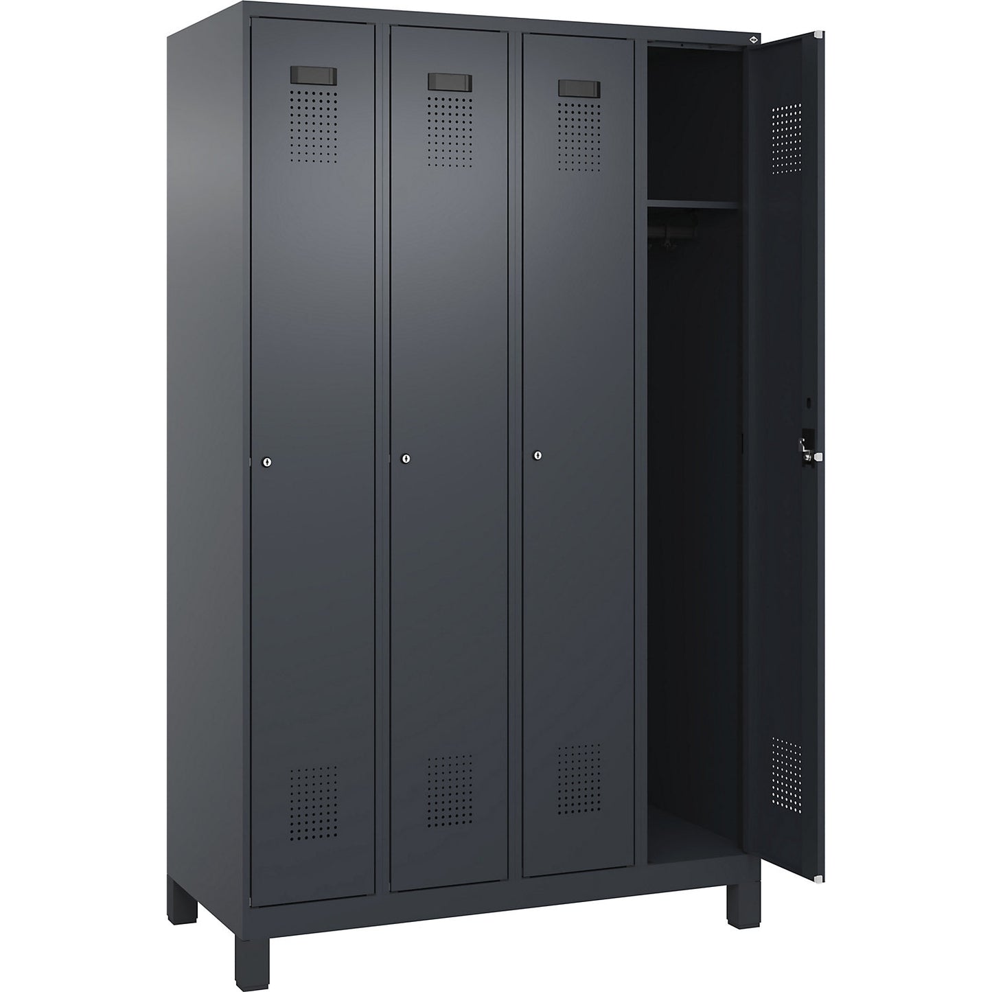 Evolo PLUS locker, 4 compartments, grey, W 1200 mm, with wide feet, cylinder lock.
