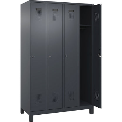Evolo PLUS locker, 4 compartments, grey, W 1200 mm, with wide feet, cylinder lock.