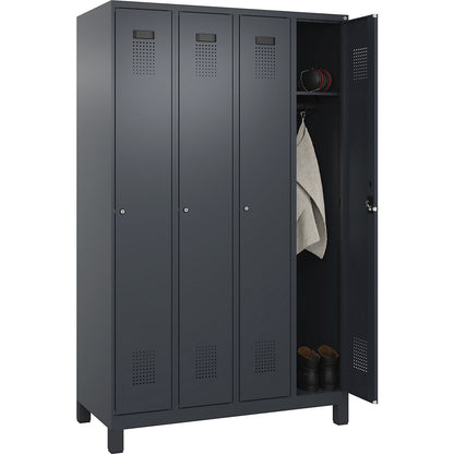 Evolo PLUS locker, 4 compartments, grey, W 1200 mm, with wide feet, cylinder lock.