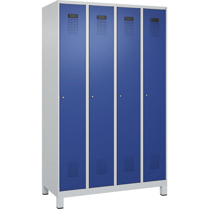 Evolo PLUS locker, 4 compartments, light grey / gentian blue, W 1200 mm, with wide feet, cylinder lock.