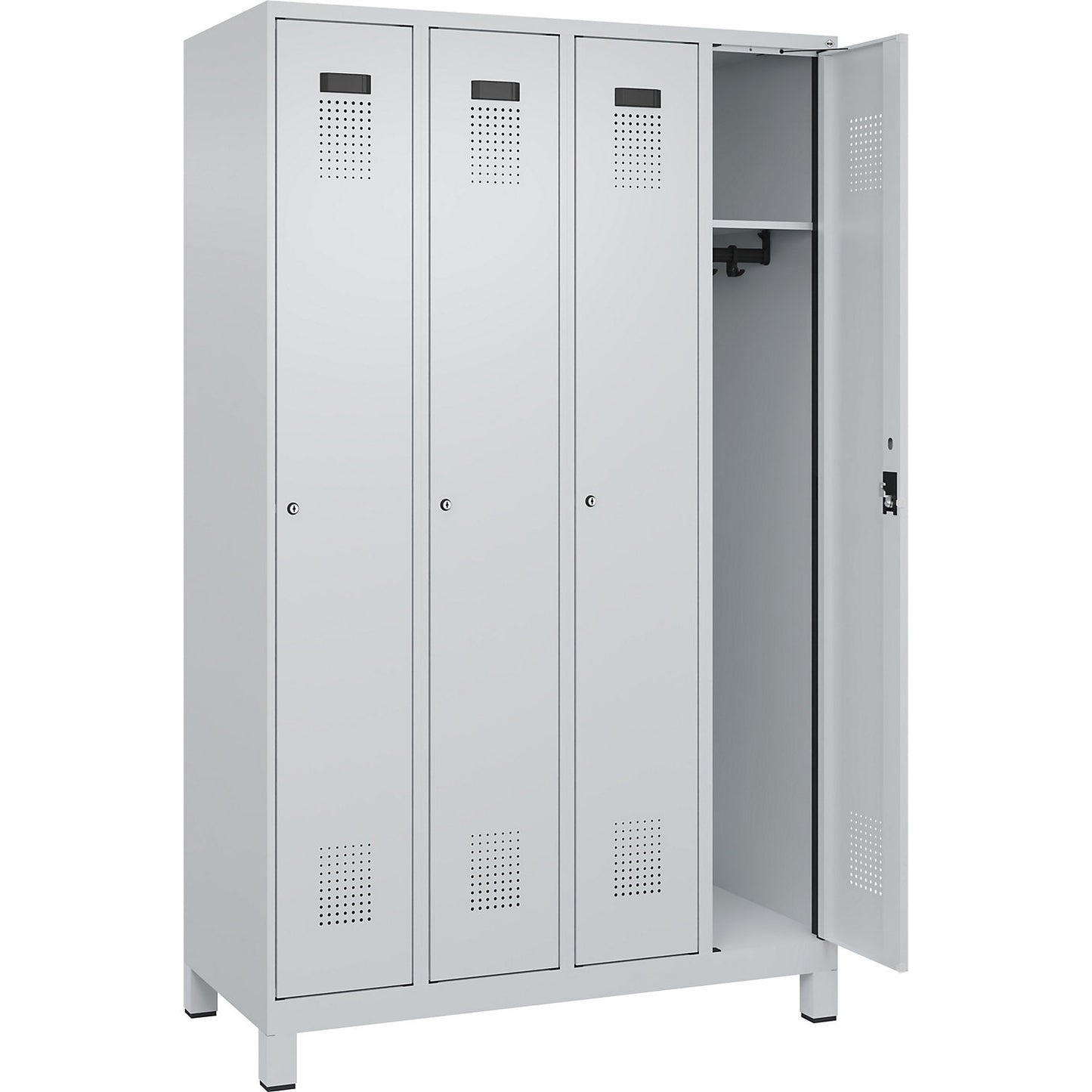Evolo PLUS locker, 4 compartments, light grey, W 1200 mm, with wide feet, cylinder lock.