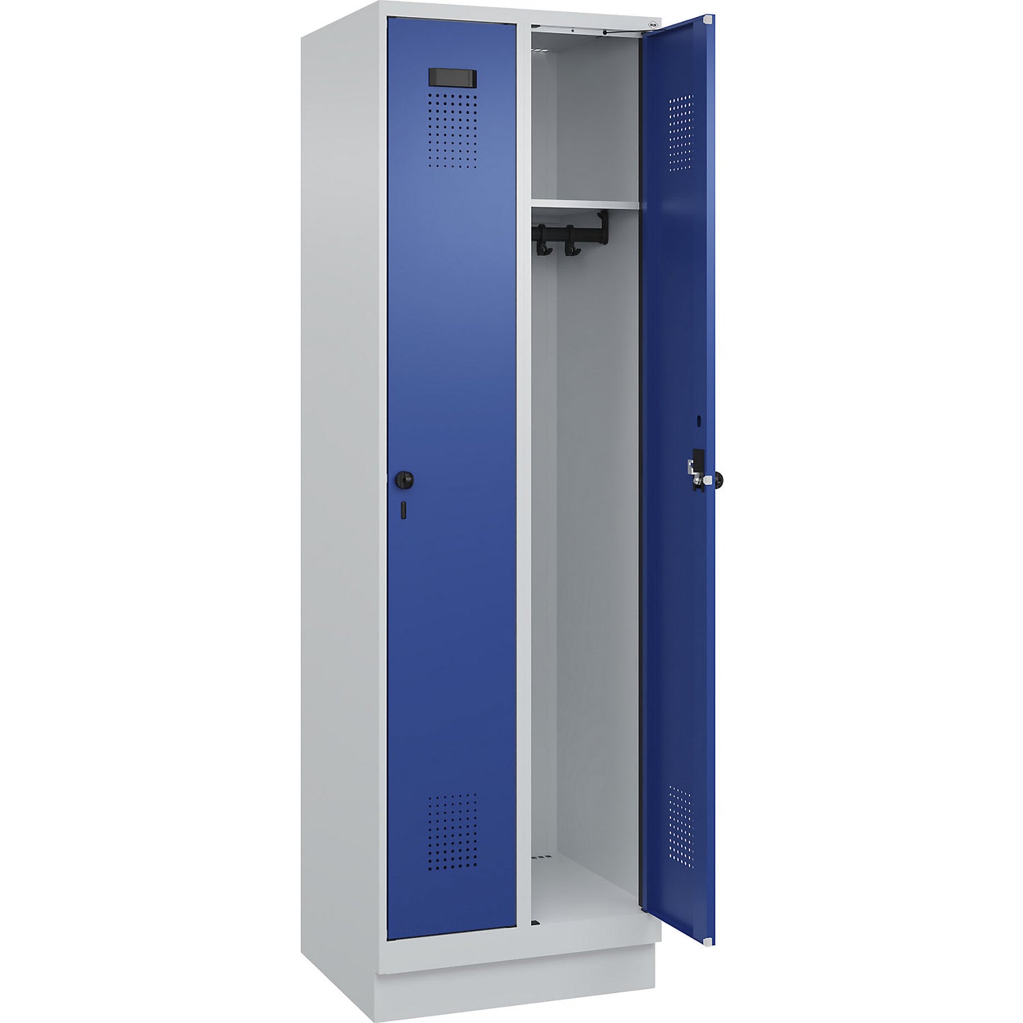 Evolo PLUS locker, 2 compartments, light grey / gentian blue, W 600 mm, with base plinth, rotary bolt.