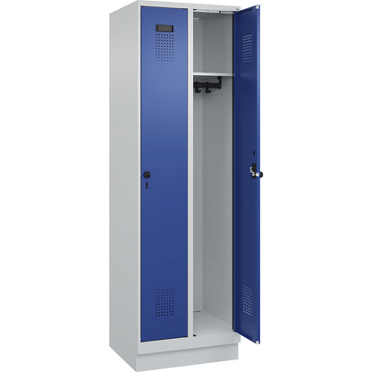 Evolo PLUS locker, 2 compartments, light grey / gentian blue, W 600 mm, with base plinth, rotary bolt.