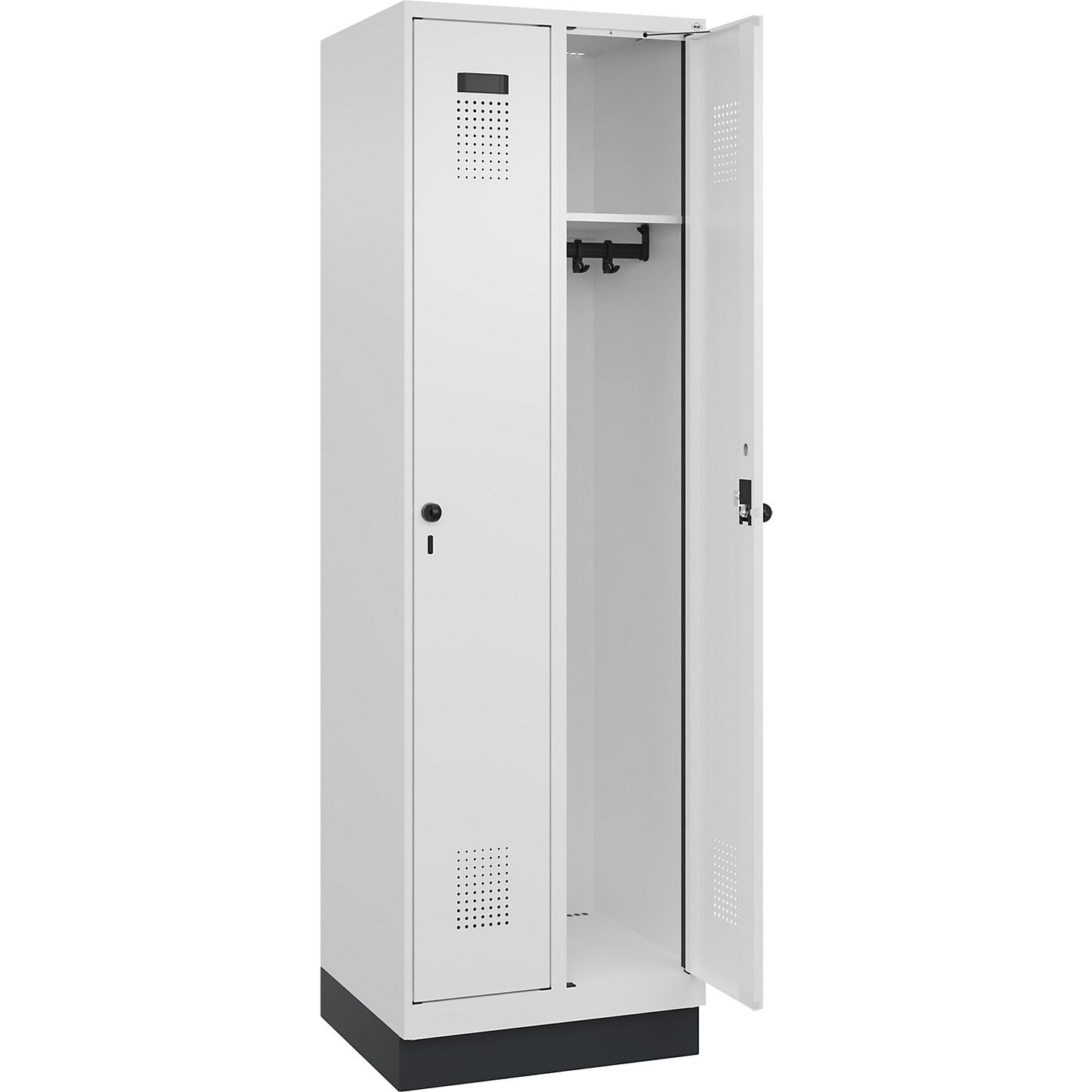 Evolo PLUS locker, 2 compartments, traffic white, W 600 mm, with base plinth, rotary bolt.