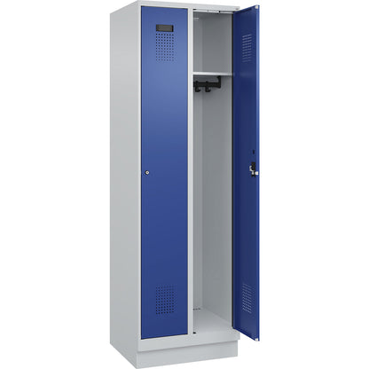 Evolo PLUS locker, 2 compartments, light grey / gentian blue, W 600 mm, with base plinth, cylinder lock.