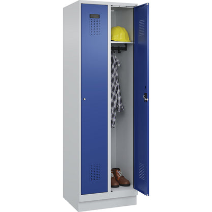 Evolo PLUS locker, 2 compartments, light grey / gentian blue, W 600 mm, with base plinth, cylinder lock.