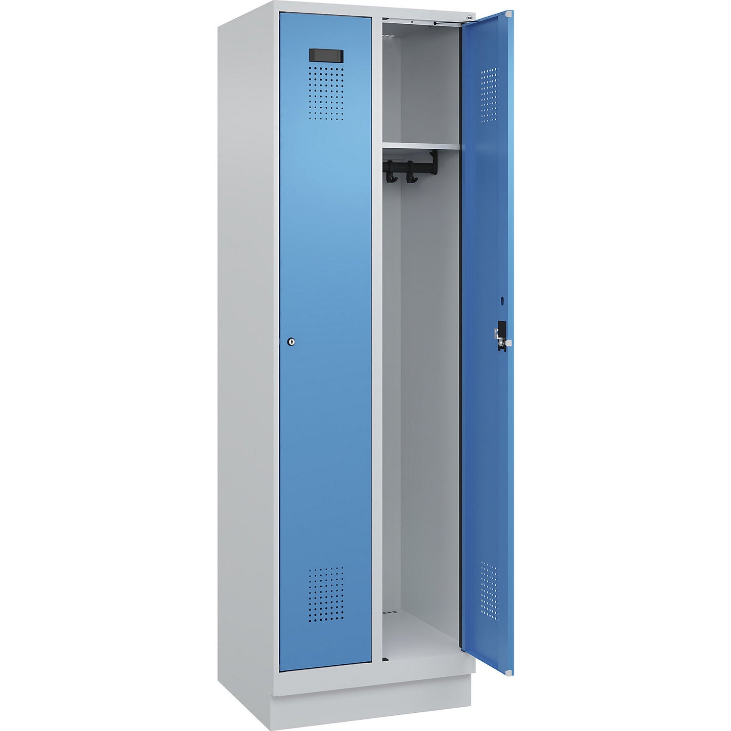 Evolo PLUS locker, 2 compartments, light grey / light blue, W 600 mm, with base plinth, cylinder lock.