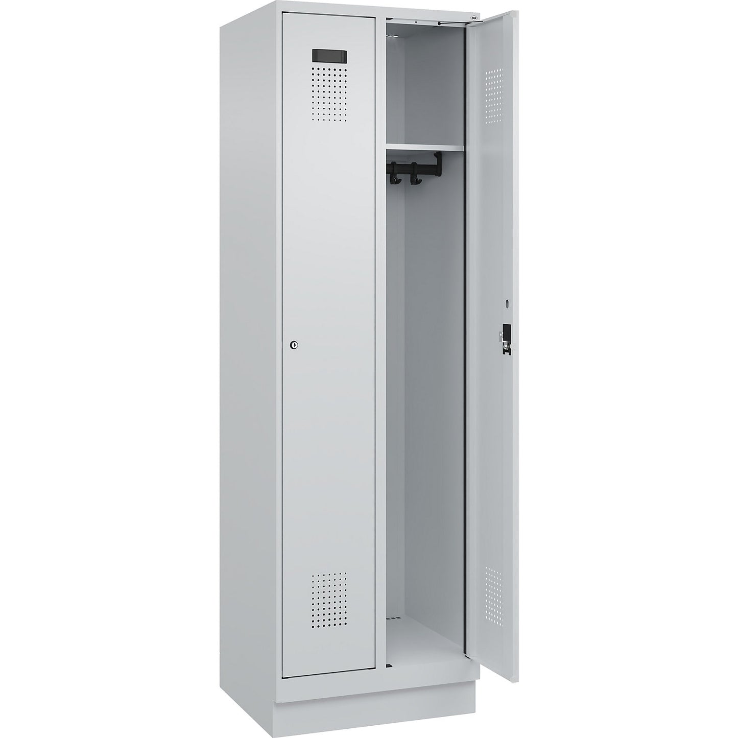Evolo PLUS locker, 2 compartments, light grey, W 600 mm, with base plinth, cylinder lock.