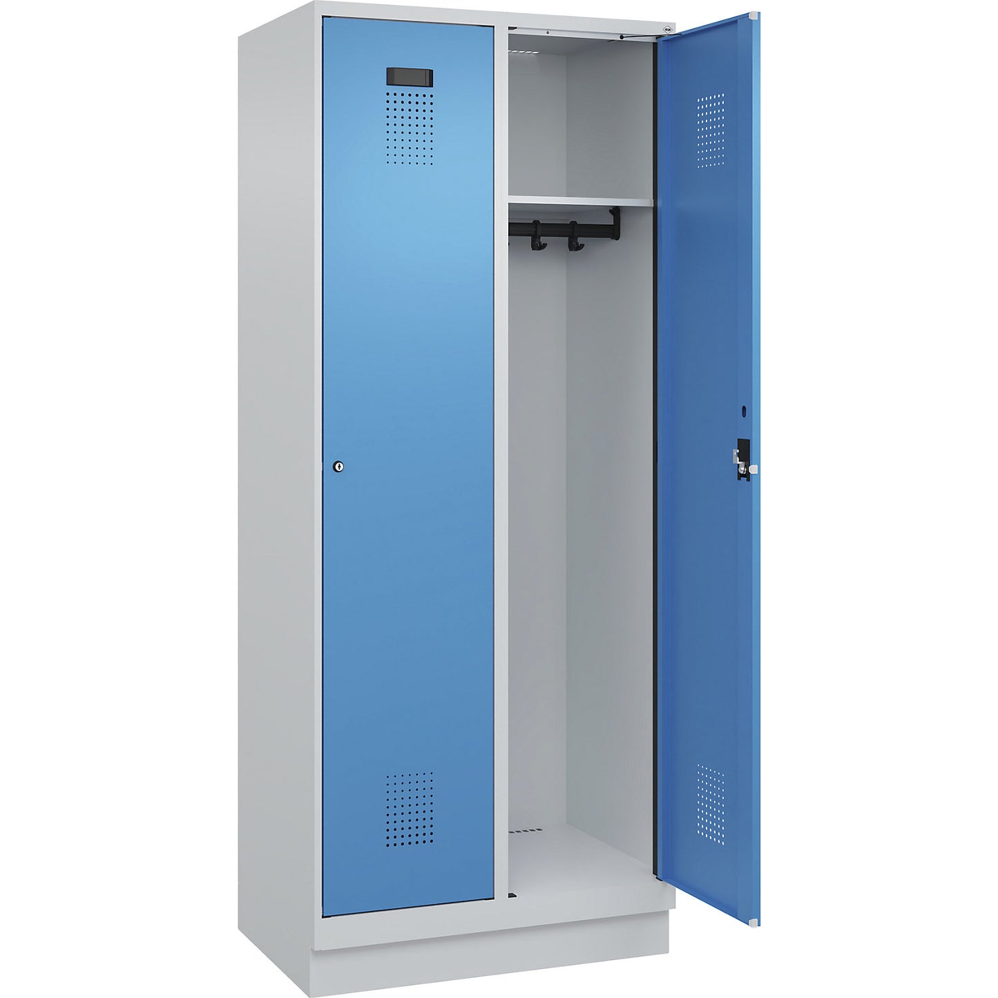 Evolo PLUS locker, 2 compartments, light grey / light blue, W 800 mm, with base plinth, cylinder lock.