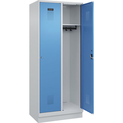 Evolo PLUS locker, 2 compartments, light grey / light blue, W 800 mm, with base plinth, cylinder lock.