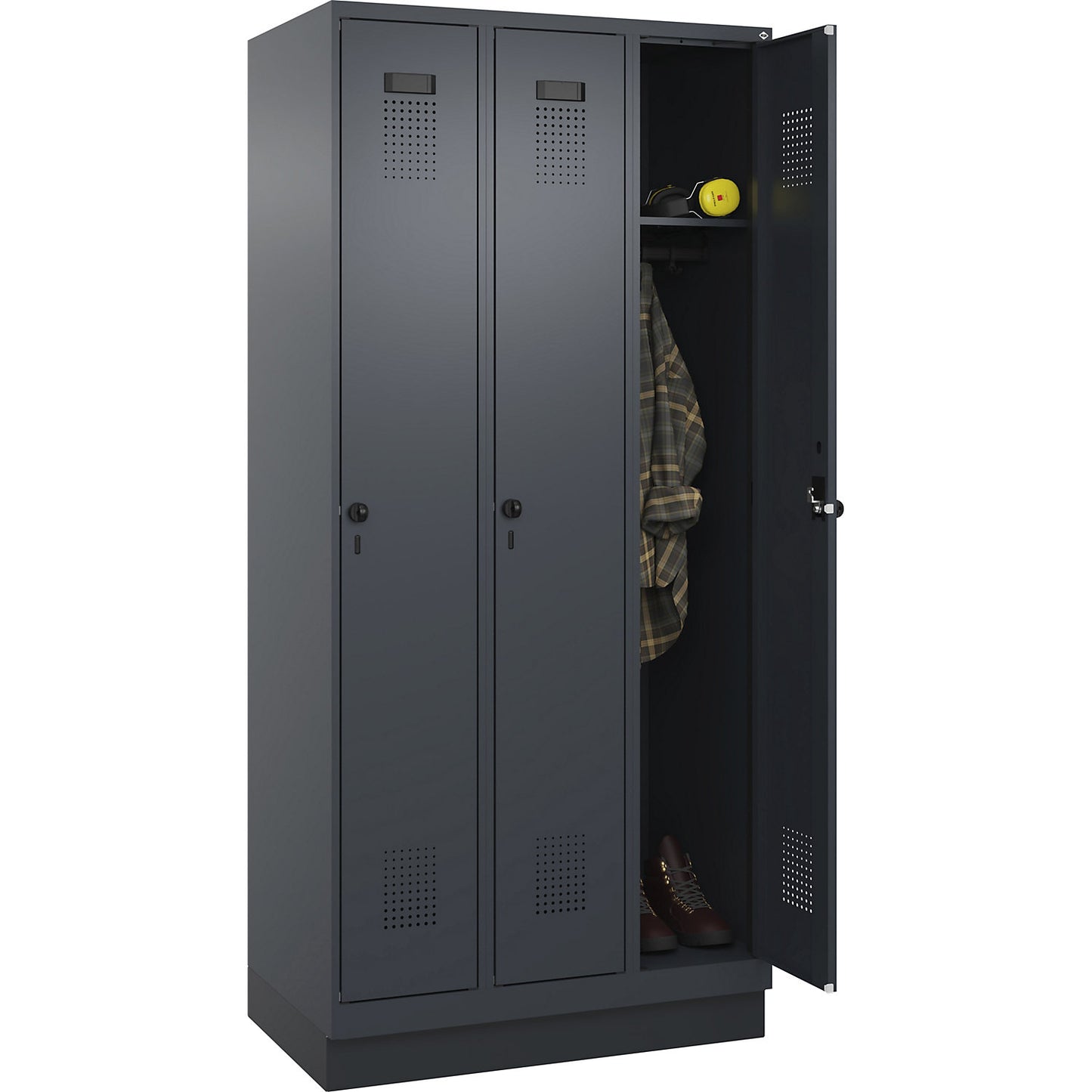 Evolo PLUS locker, 3 compartments, grey, W 900 mm, with base plinth, rotary bolt.