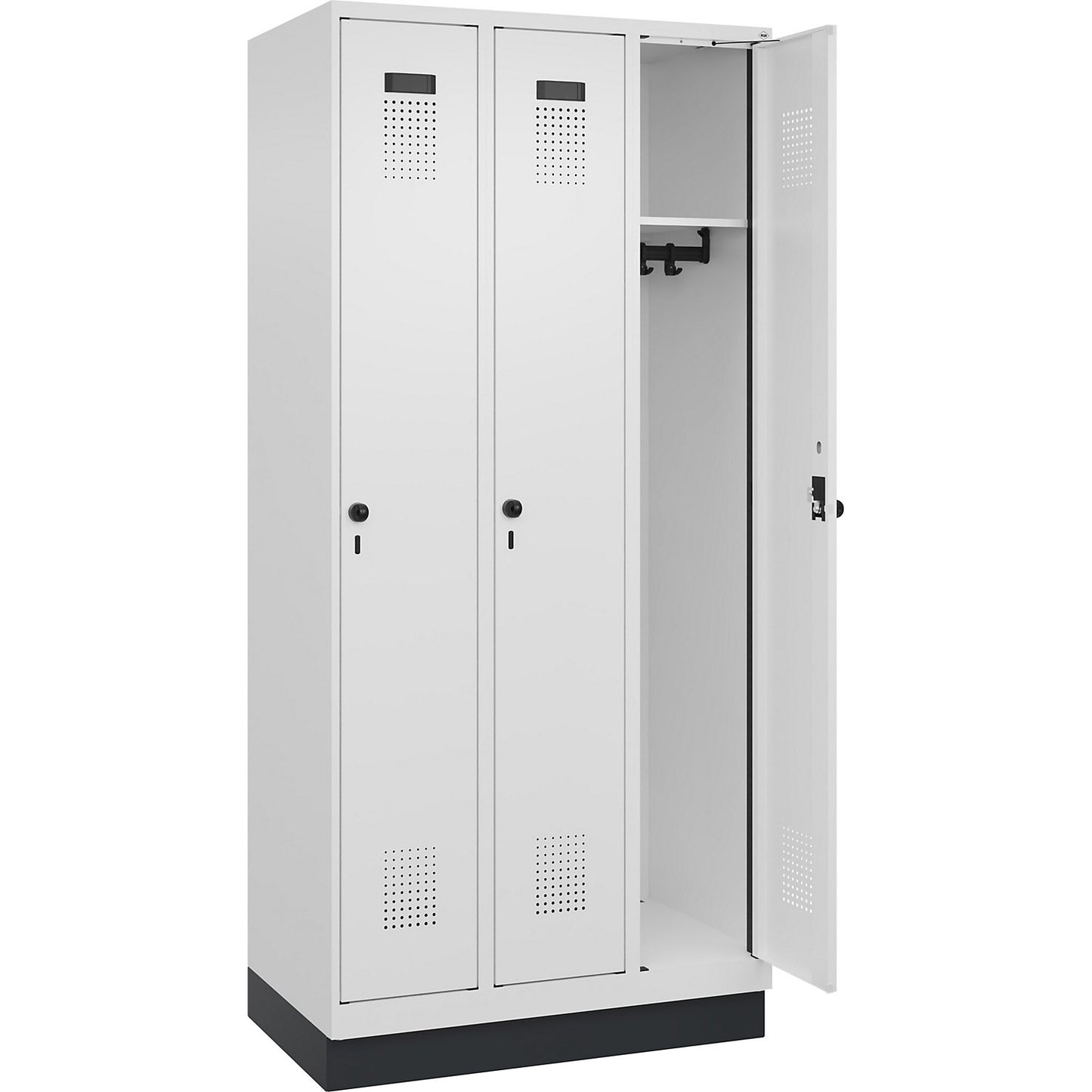 Evolo PLUS locker, 3 compartments, traffic white, W 900 mm, with base plinth, rotary bolt.