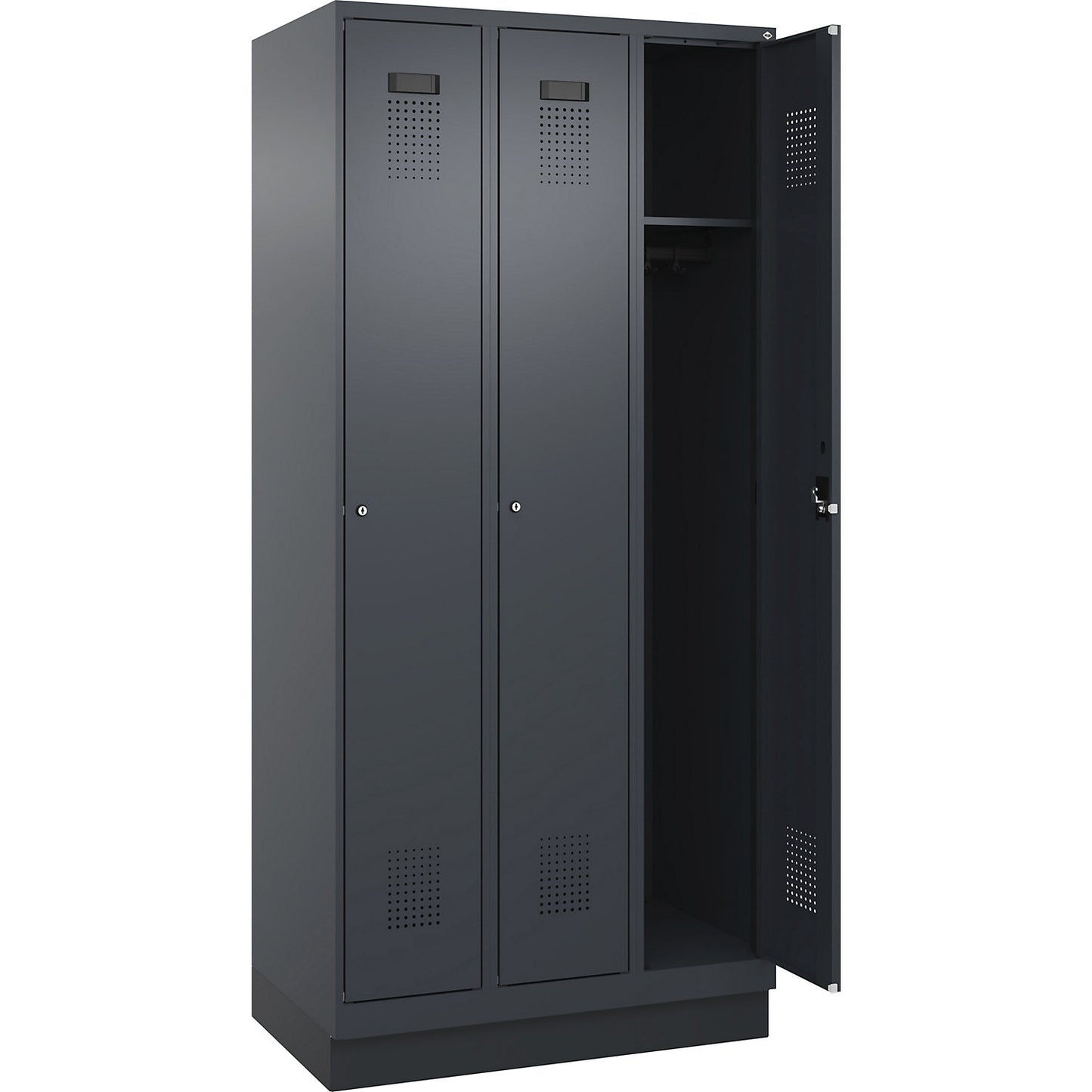 Evolo PLUS locker, 3 compartments, grey, W 900 mm, with base plinth, cylinder lock.